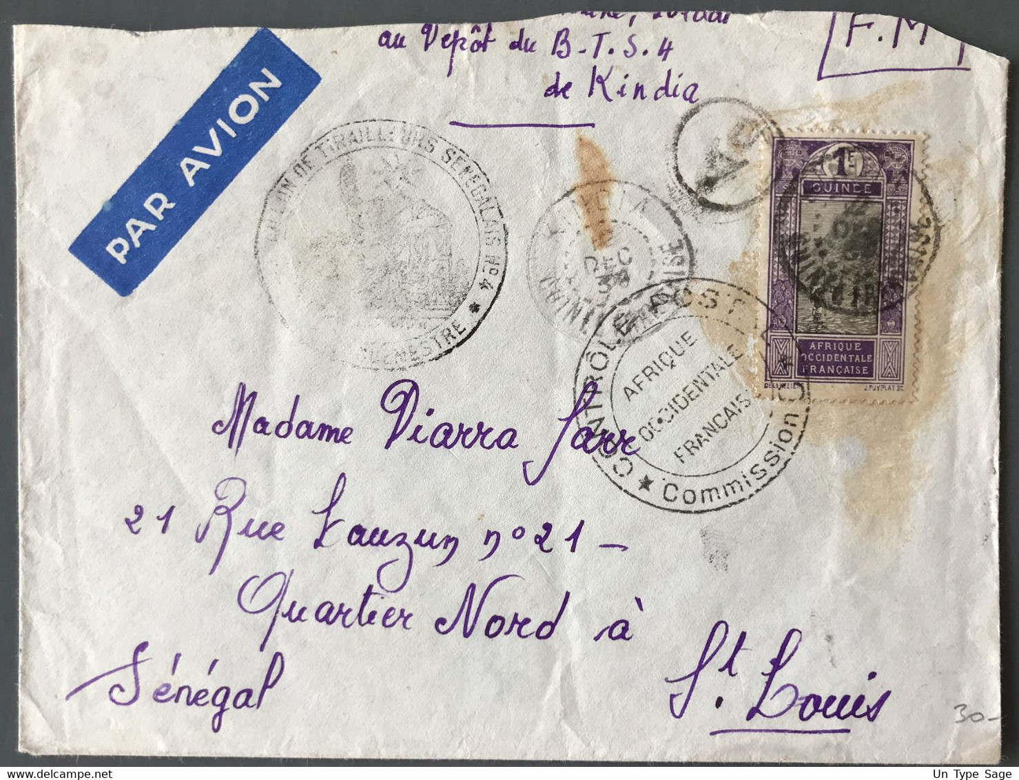 Guinée N°77 Sur Enveloppe En F.M. - TAD KINDIA 14.12.1939 Pour St Louis, Sénégal + Censure Commission C - (C1633) - Briefe U. Dokumente