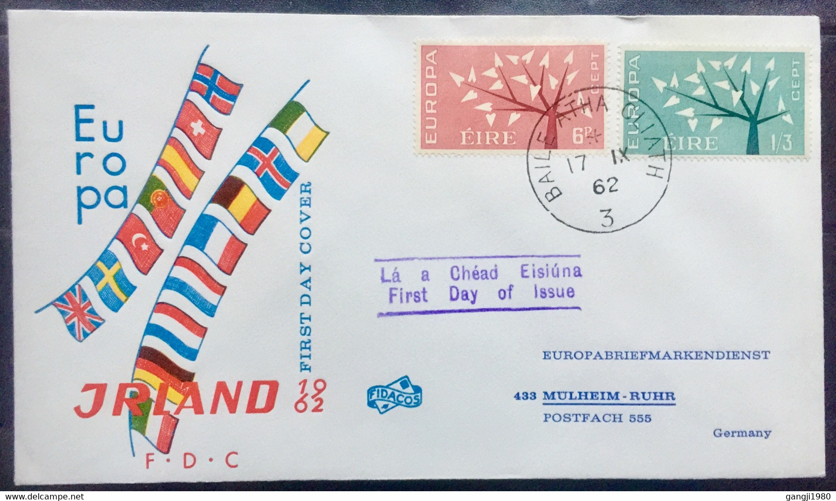 IRELAND 1962 ,EUROPA , FLAGS IMAGED,SET OF 2 STAMPS , PRIVATELY ISSUED  FDC - Storia Postale