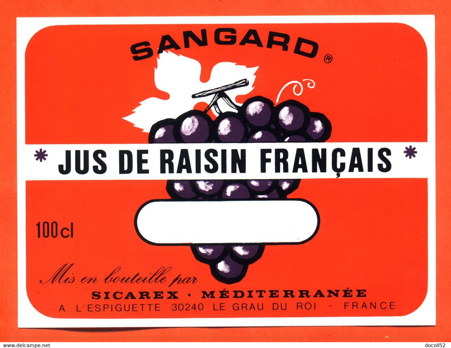 étiquette De Jus De Raisin Français Sangard Sicarex à L'espiguette 30240 Le Grau Du Roi - 100 Cl - Autres & Non Classés