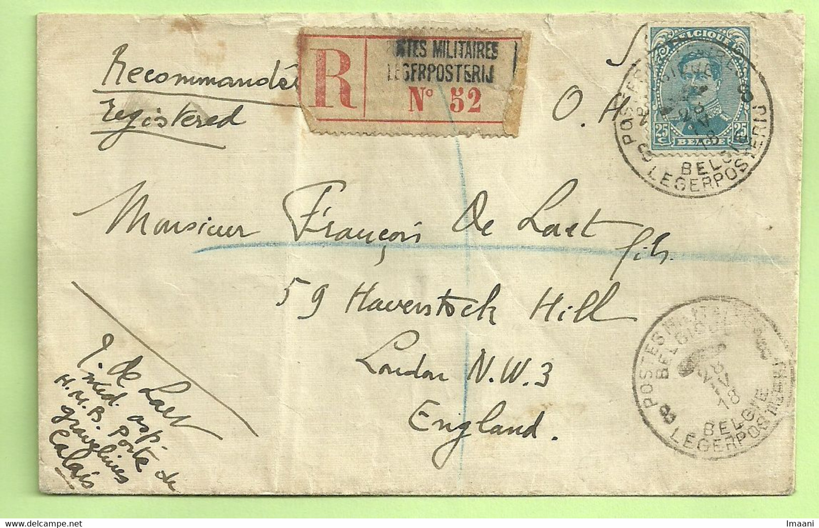 141 Op Brief "Hopital Militaire Belge PORTE DE GRAVELINES / CALAIS" Aangetekend Stempel PMB 8 Op 28/4/18 (3627 - Armée Belge