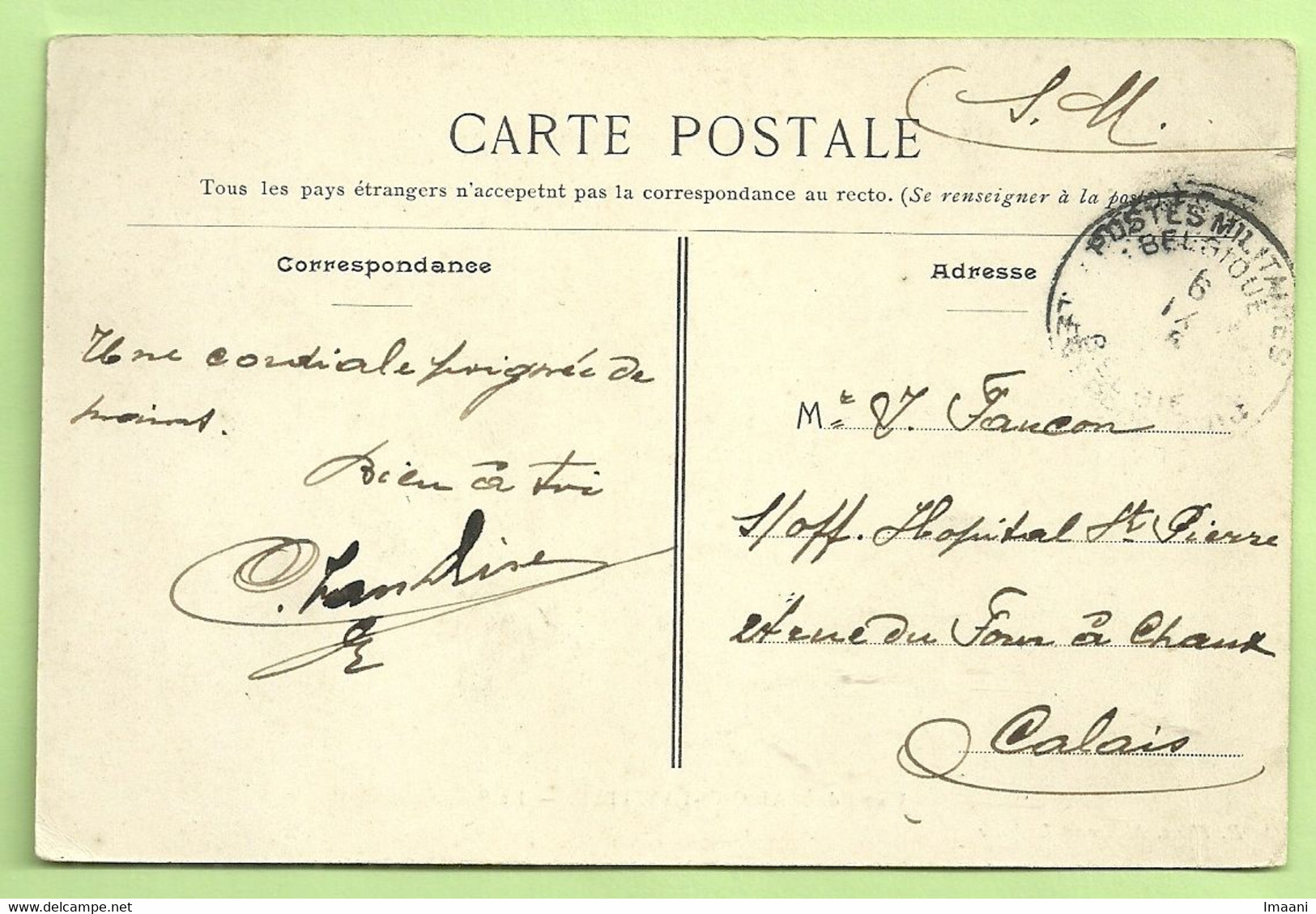 Kaart CAMP De MAISONS-LAFFITTE, Stempel PMB  Naar HOPITAL ST-PIERRE CALAIS   (3667 - Armée Belge