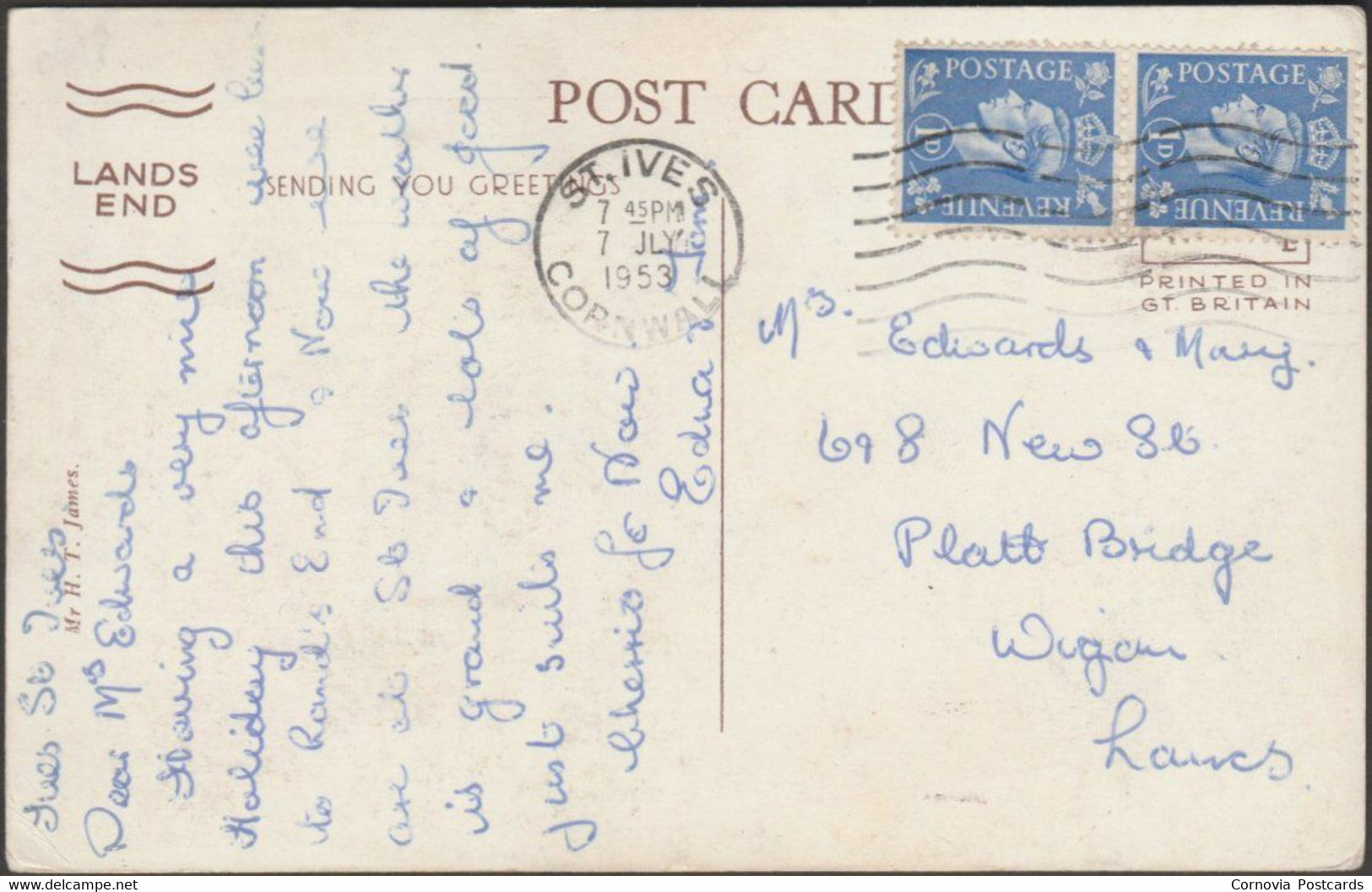 Land's End, Cornwall, 1953 - HT James Postcard - Land's End