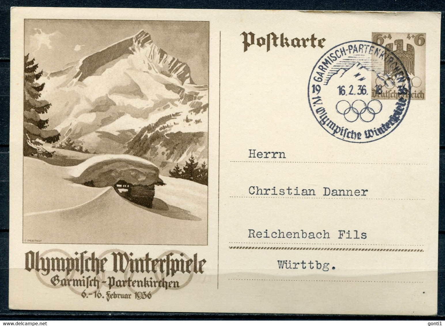 German Empires 1936 GS Olympische Winterspiele Mi.Nr.P257mit SST"Garmisch-Partenkirchen-IV.Olympsche Wintersp" 1 GS Used - Winter 1936: Garmisch-Partenkirchen