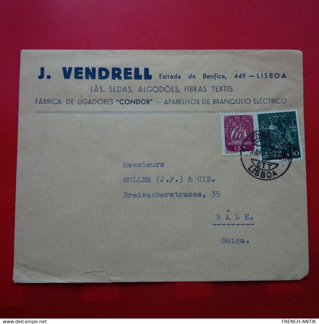 LETTRE LISBOA J.VENDRELL POUR BALE - Cartas & Documentos