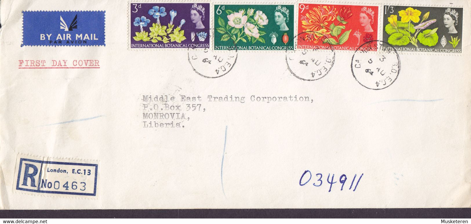 Great Britain Registered Einschreiben Label LONDON 1964 FDC Cover MONROVIA (Arr. Cds.) Liberia Botanical Congress Set - ....-1951 Pre Elizabeth II