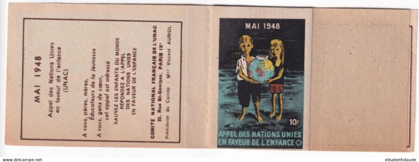 1948 - NATIONS UNIES - CARNET De 5 VIGNETTES / CINDERELLA EN FAVEUR DE L'ENFANCE - Blocks Und Markenheftchen