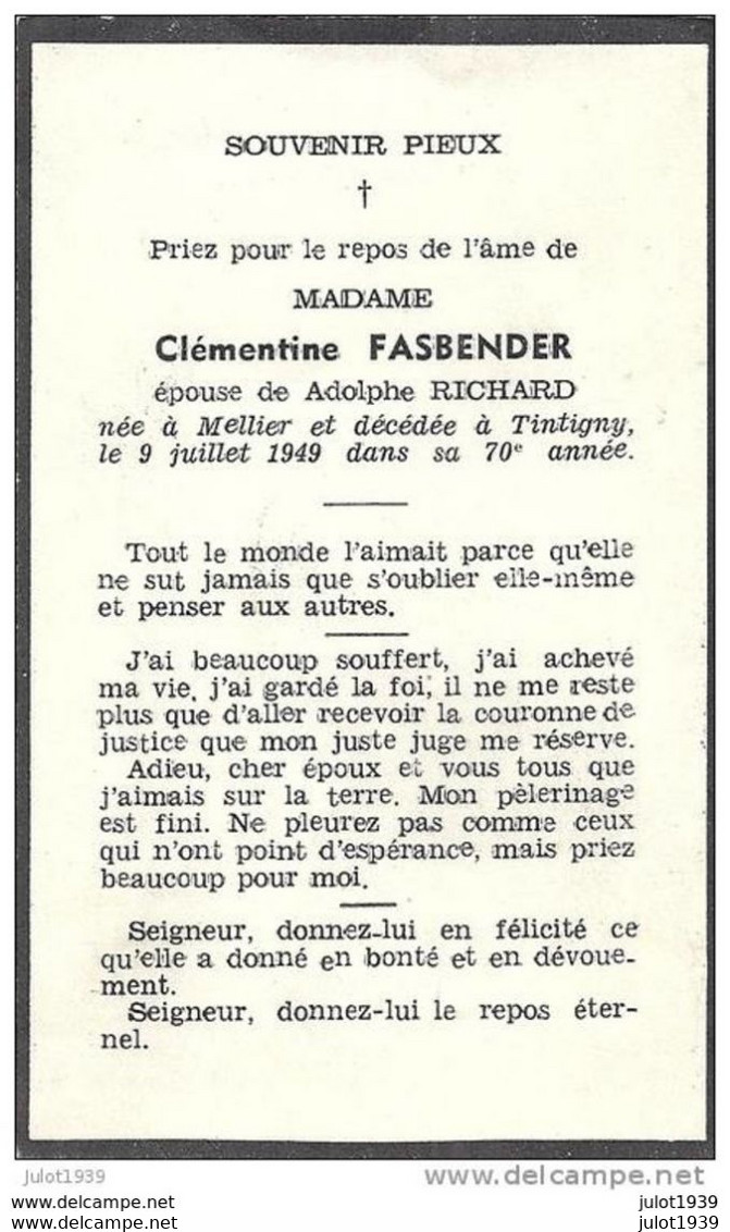 TINTIGNY ..-- MELLIER , 1879 ..-- TINTIGNY , 1949 ..-- Mme Clémentine FASBENDER , épouse De Mr Adolphe RICHARD . - Tintigny