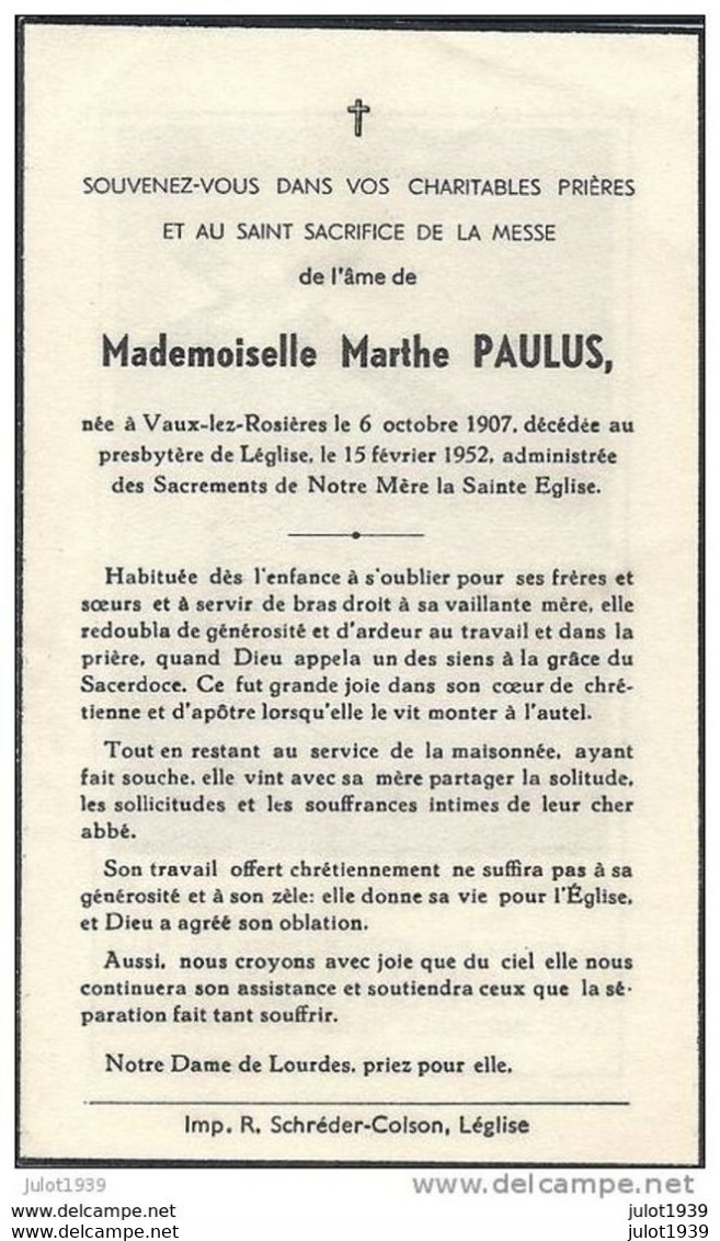 VAUX - LEZ - ROSIERES , 1907 . Presbytère De LEGLISE , 1952 . Mademoiselle Marthe PAULUS . - Vaux-sur-Sure