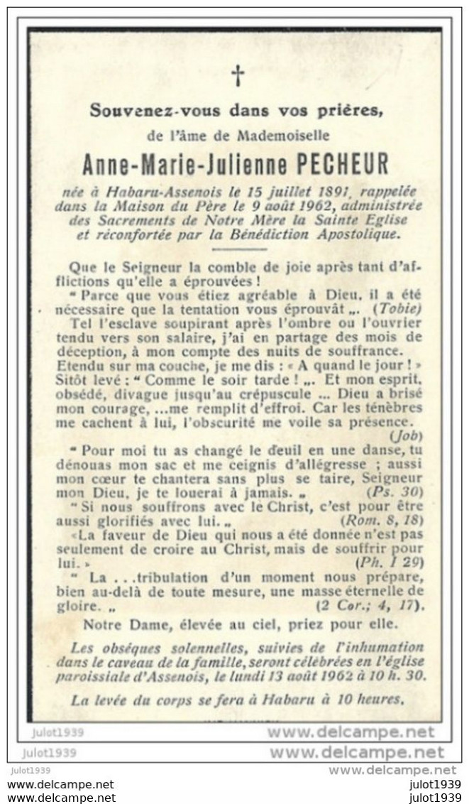 HABARU ..-- ASSENOIS ..-- Mademoiselle Anne - Marie  PECHEUR , Née En 1891 . Décédée En 1962 . - Léglise