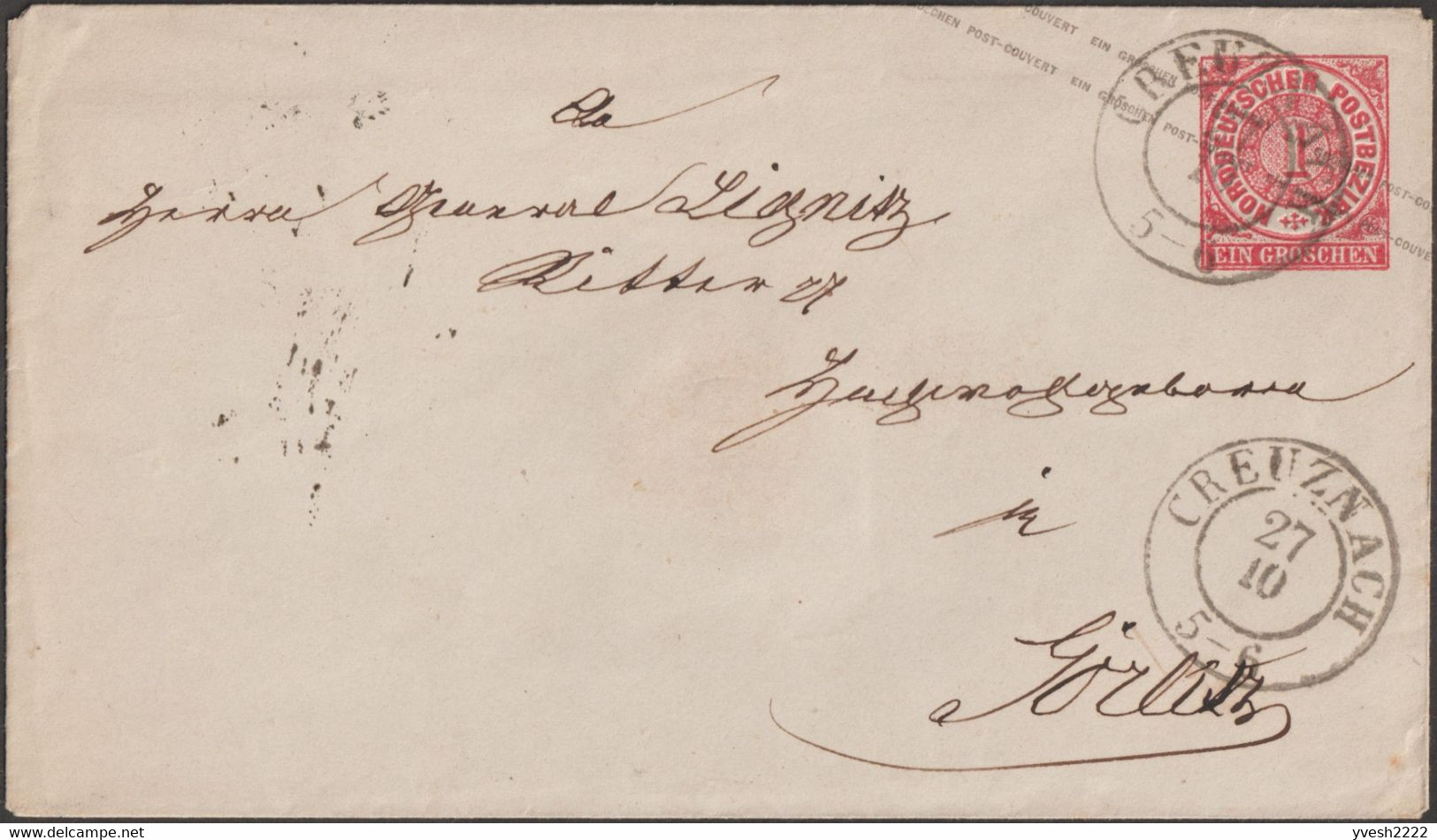 Allemagne Du Nord 1868. Entier Postal Enveloppe 147x84 Mm, Superbe Oblitération Creuznach, Bad Kreuznach - Postal  Stationery