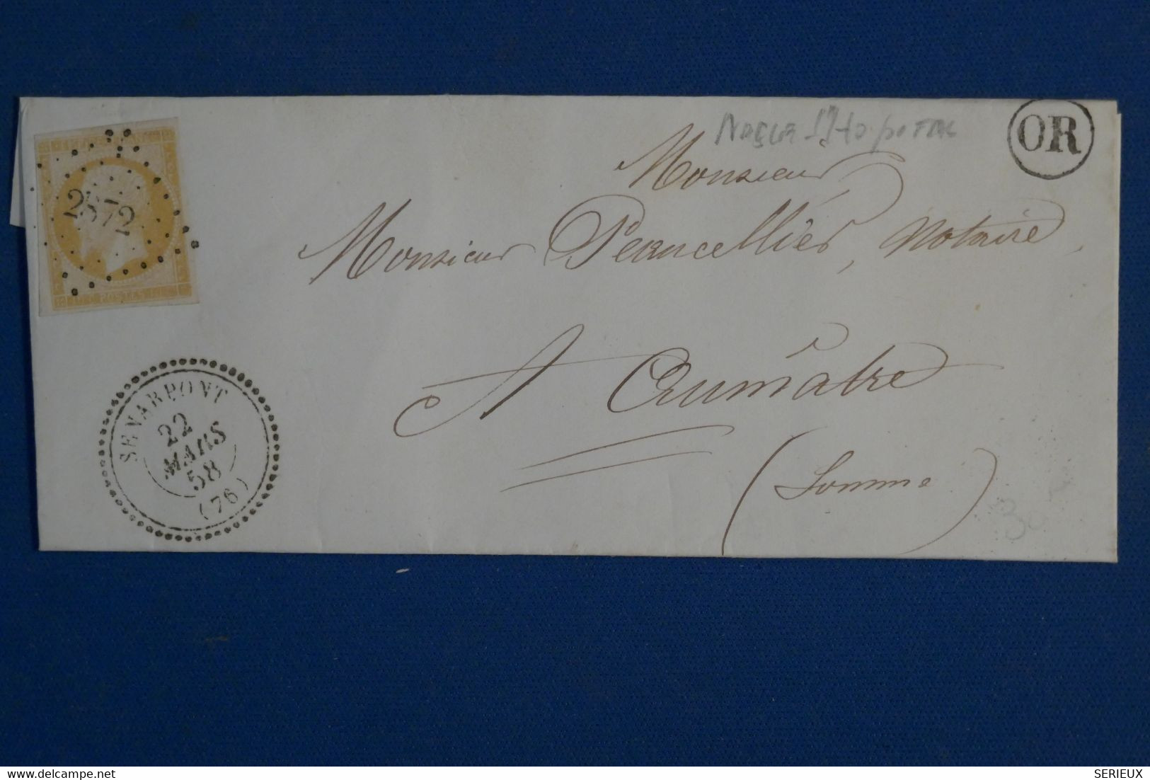 AJ11 FRANCE  BELLE LETTRE Q LUXE  1858 SEVARPONT A AUMATRE  +CACHET PERLE ET OR  + AFFRANCH. INTERESSANT - 1853-1860 Napoleone III