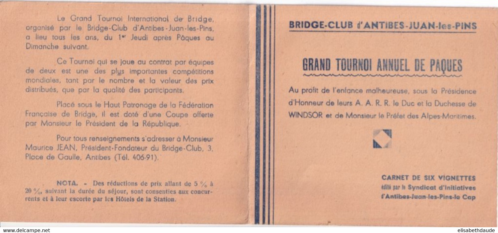 ANTIBES / JUAN LES PINS - CARNET De 6 VIGNETTES / CINDERELLA Du BRIDGE-CLUB - GRAND TOURNOI DE PAQUES - Blocs & Carnets