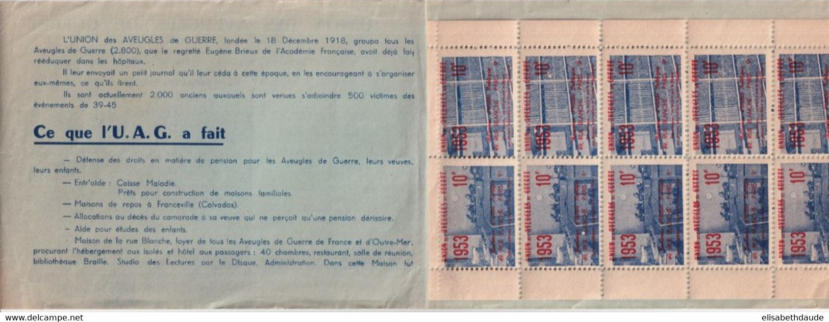 1953 - AVEUGLES DE GUERRE - CARNET De 20 VIGNETTES / CINDERELLA (MANQUE 1 FEUILLET DE 10 TIMBRES) - Blocks Und Markenheftchen