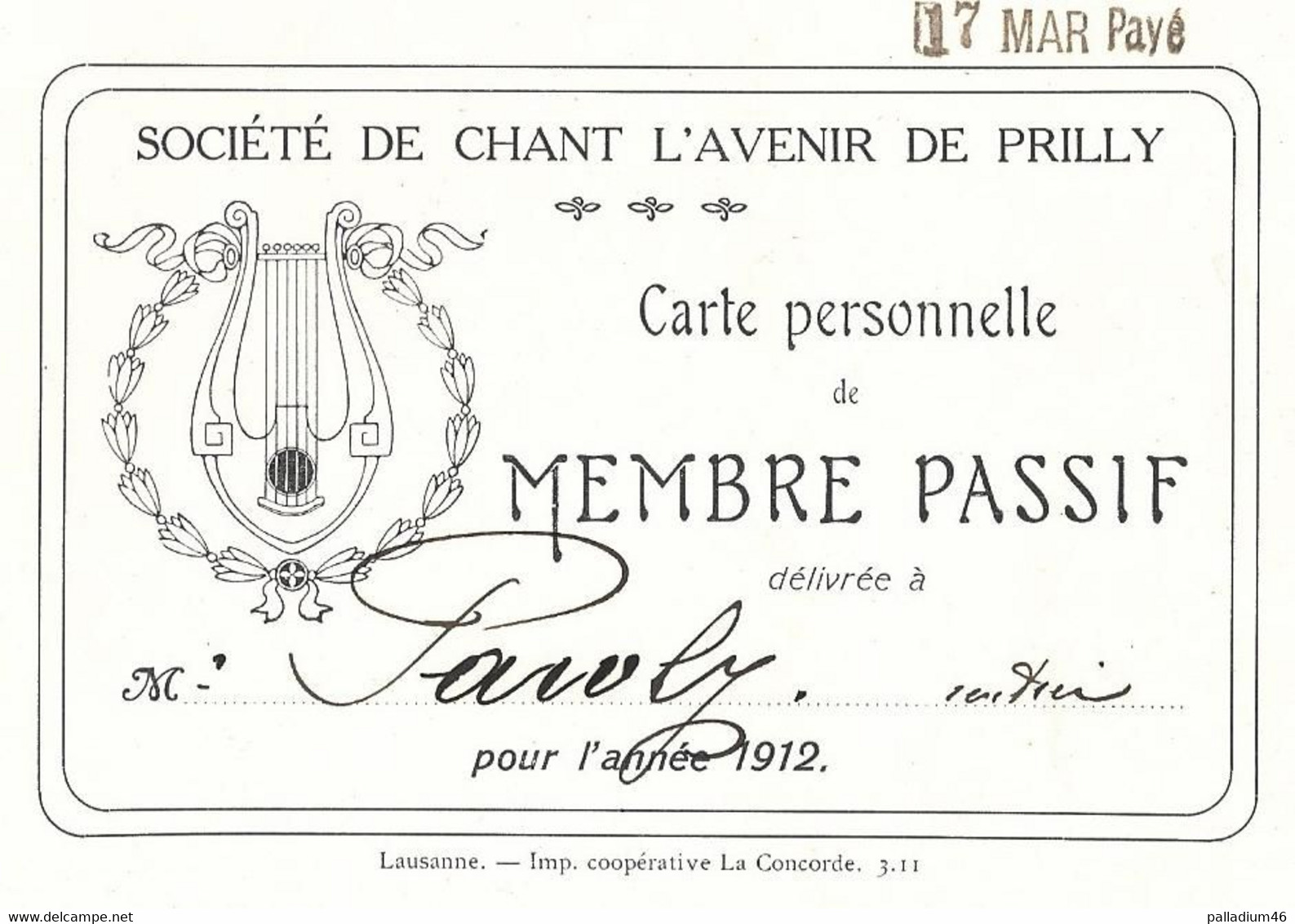 VAUD PRILLY - SOCIETE DE CHANT L'AVENIR - CARTE DE MEMBRE PASSIF 1912 - Prilly