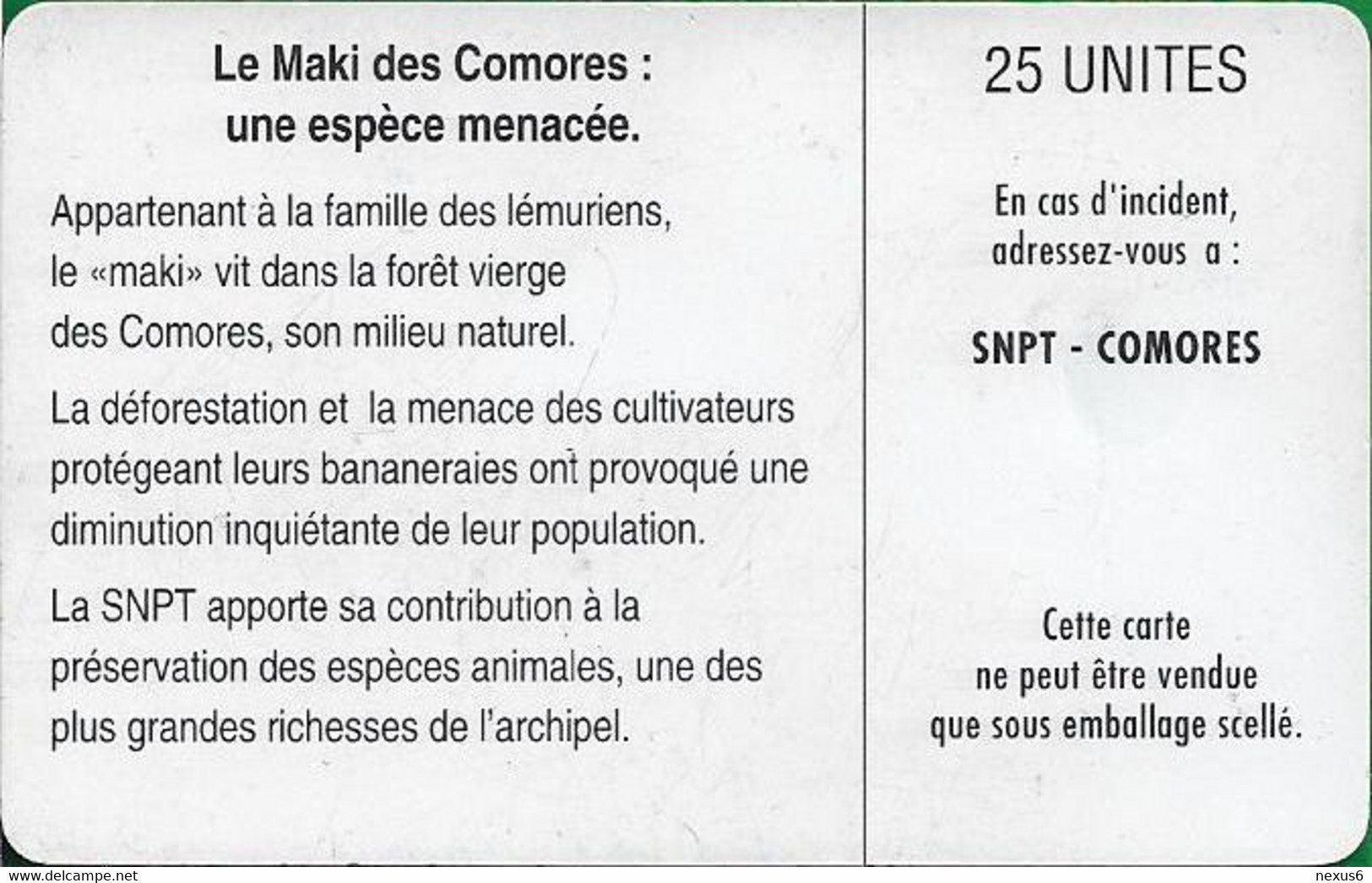 Comoros - S.N.P.T. - Maki, Without Moreno Up Right, Without Cn., SC7, 1994, 25Units, Used - Comore