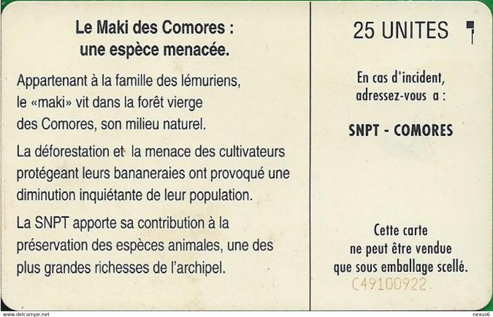 Comoros - S.N.P.T. - Maki (Cn. C49100922), SC5, 1994, 25Units, Used - Comores