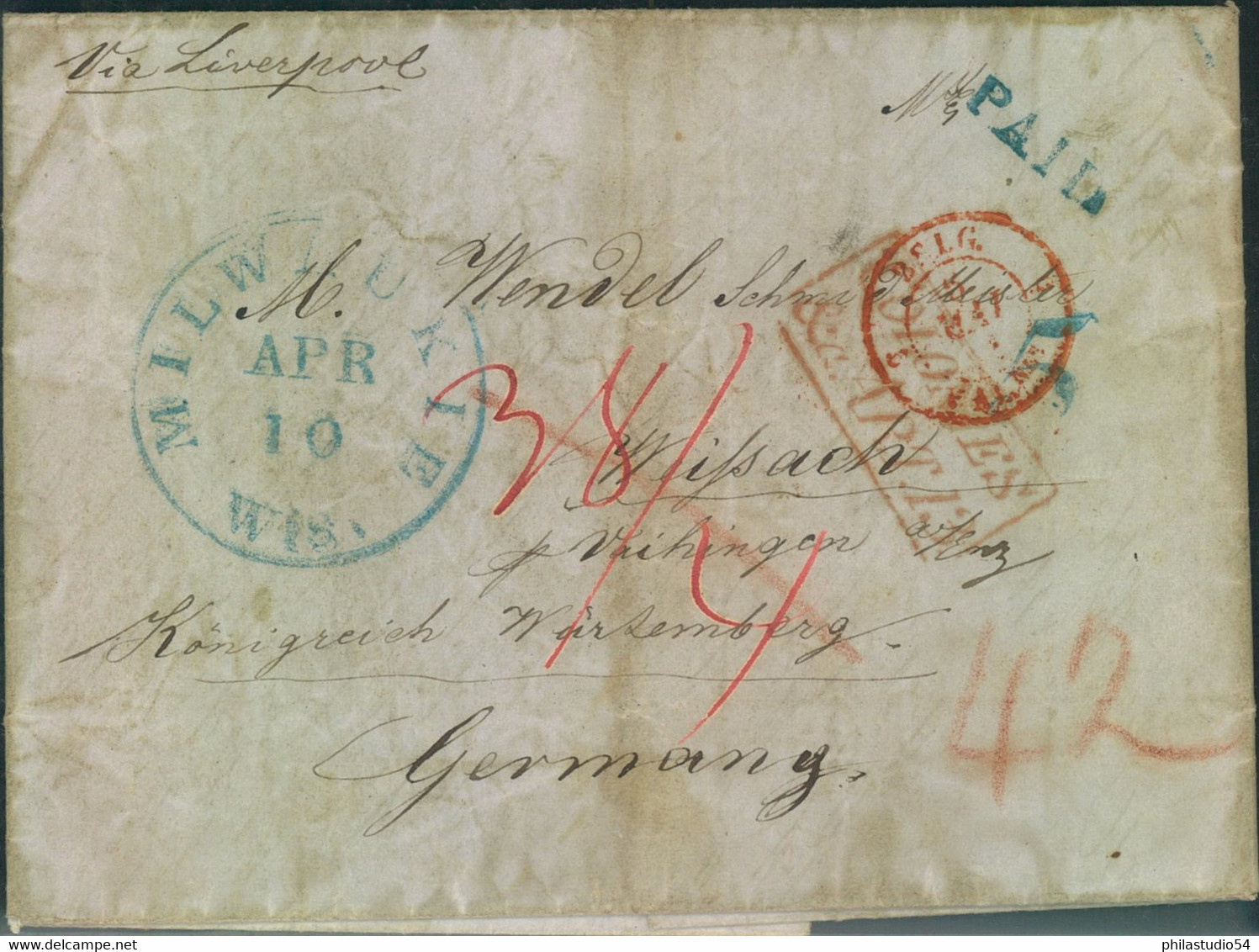 1851, INCOMING MAIL: Faltbrief Aus MILWAUKIE "PAID" Via Belgium Nach VAIHINGEN - Precursores