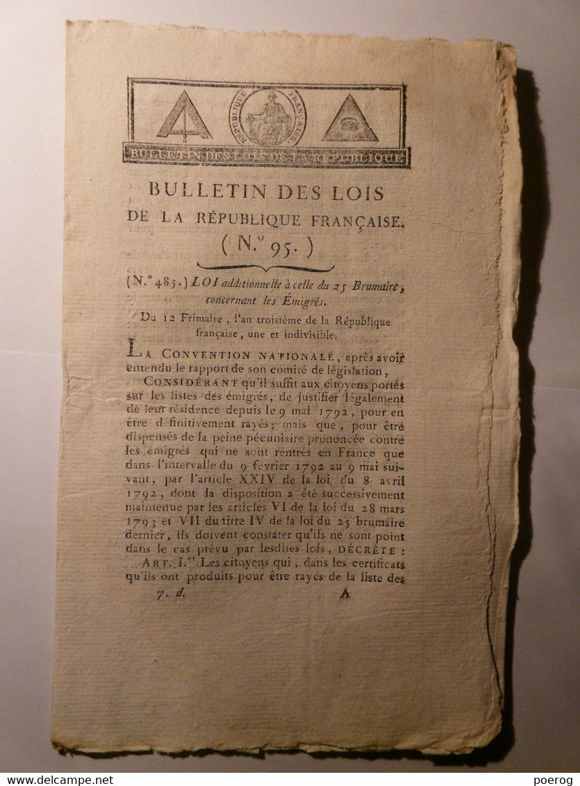 BULLETIN DES LOIS De 1794 - EMIGRES - EMIGRATION - TERREUR - Decretos & Leyes