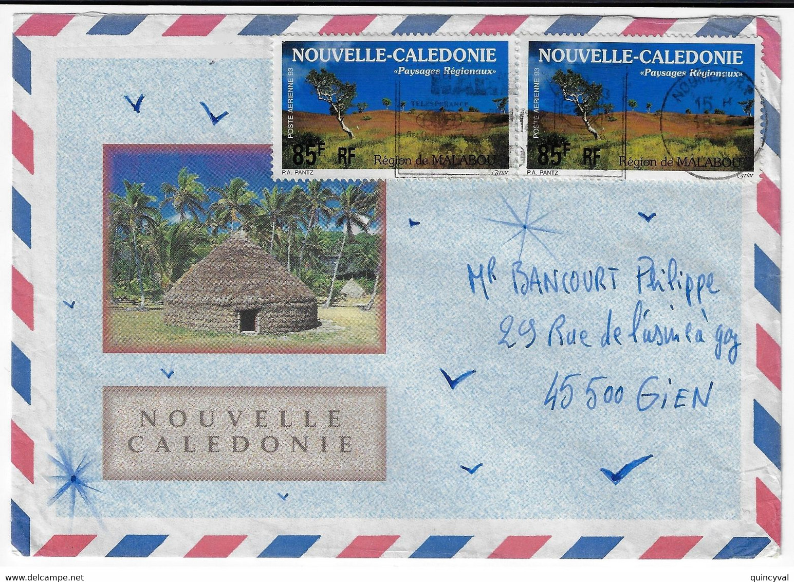 NOUMEA Nouvelle Calédonie Lettre Avion Dest France Gien Loiret 85 F Région De Malabou - Cartas & Documentos