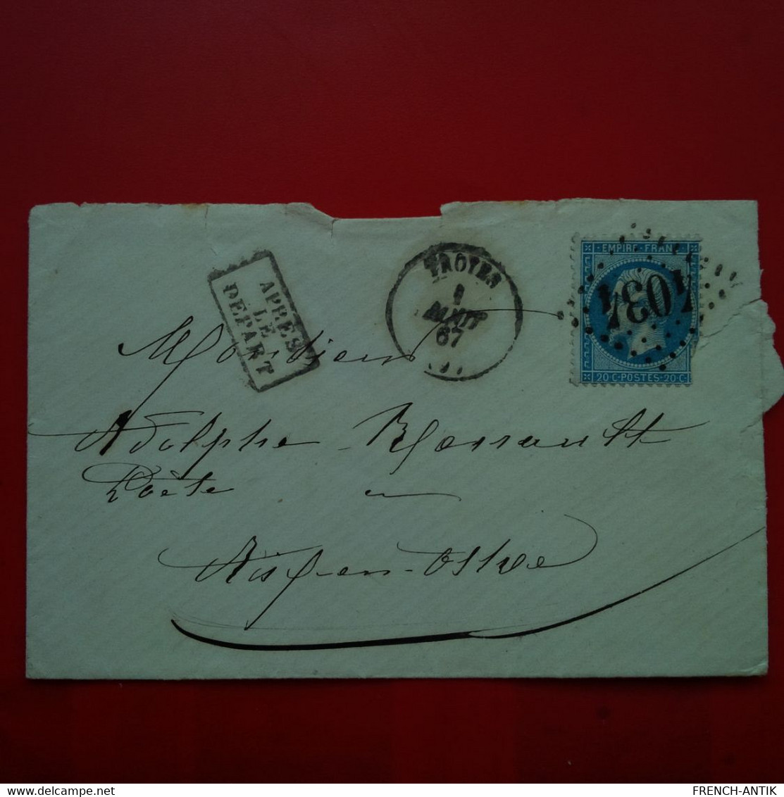 LETTRE TROYES POUR AIX EN OTHE CACHET APRES LE DEPART 1867 - 1863-1870 Napoléon III Lauré