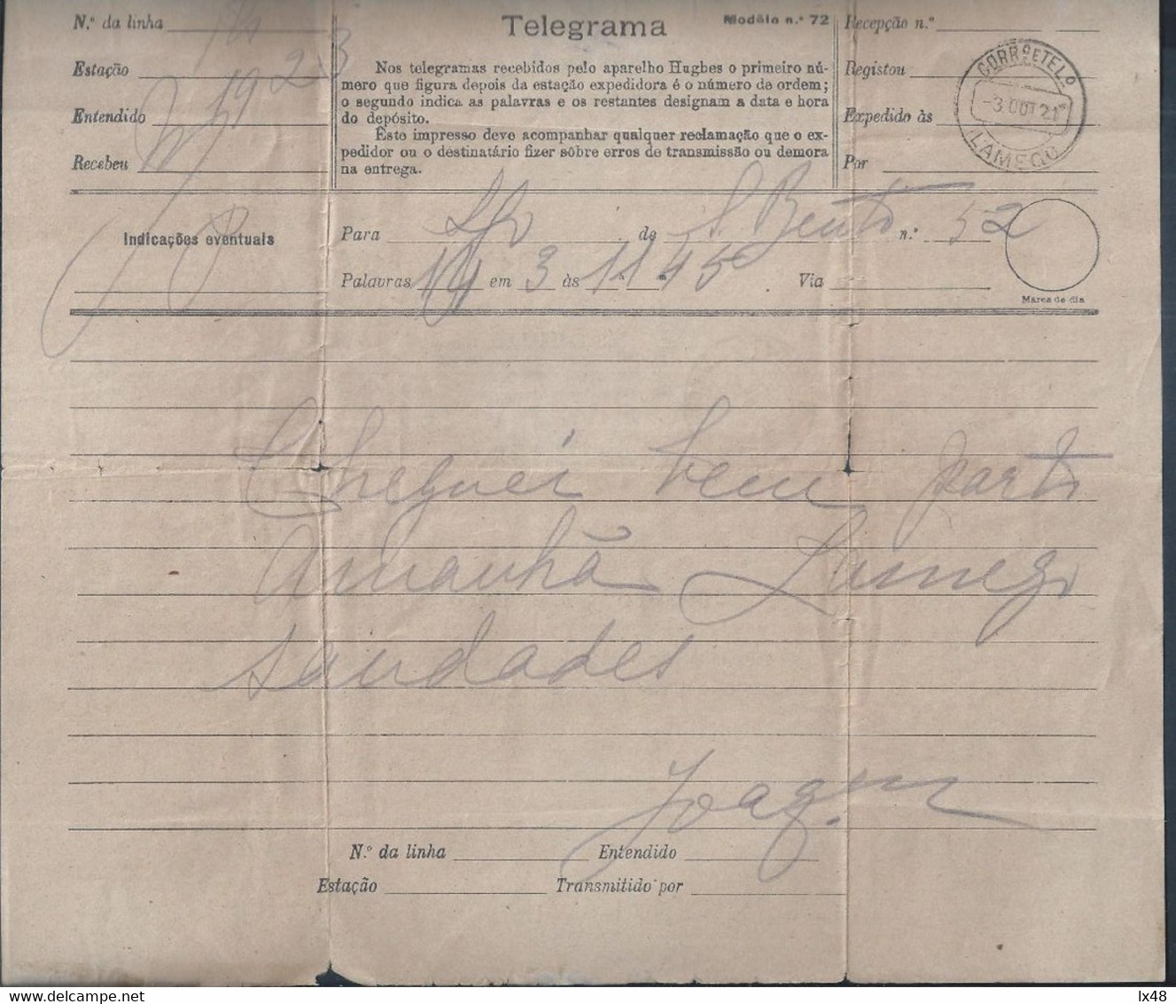 Telegrama De S. Bento, Porto Com Obliteração De Lamego De 1921. Telegram From S. Bento, Porto With Obliteration Lamego. - Briefe U. Dokumente