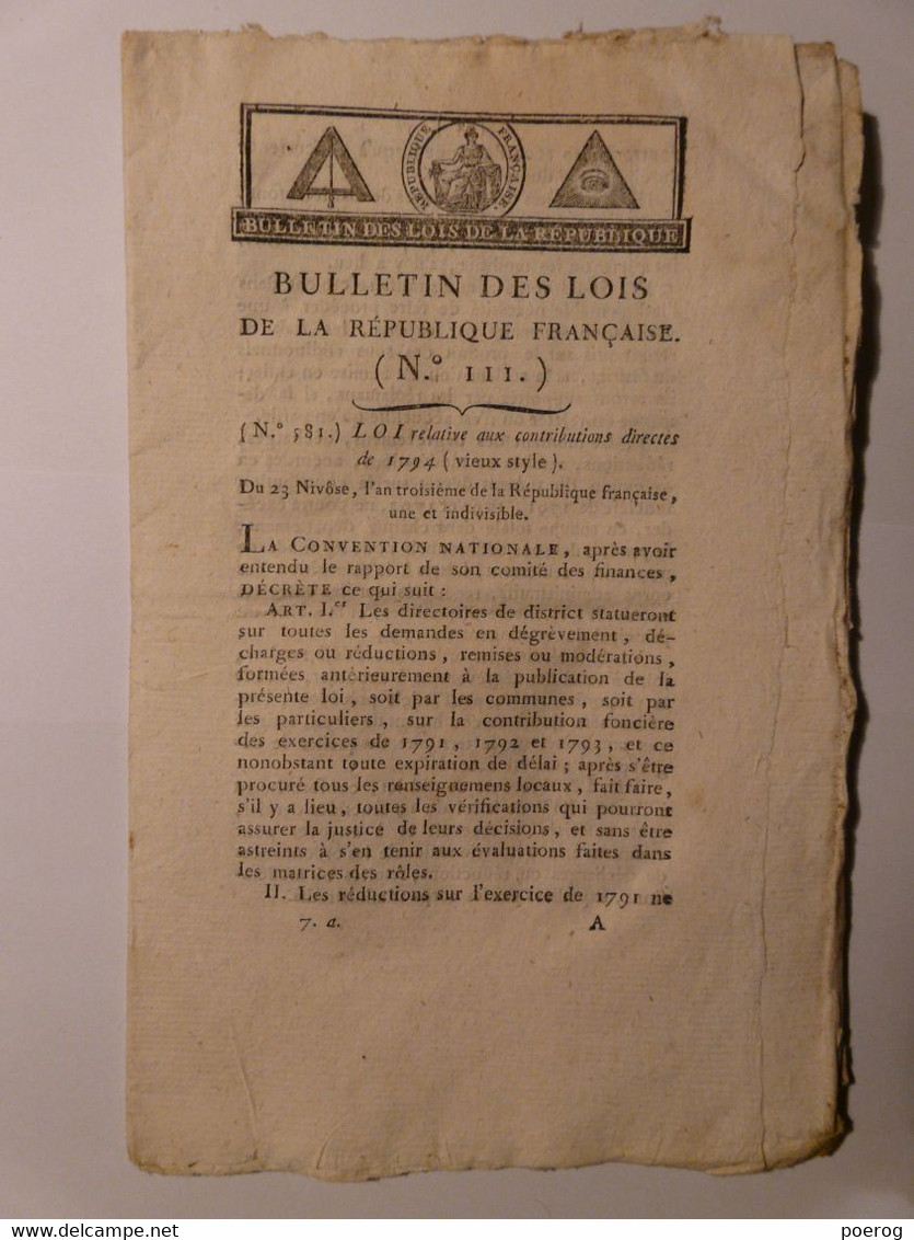 BULLETIN DES LOIS De 1795 - LOI RELATIVE AUX CONTRIBUTION DIRECTES DE 1794 - AN III - Decrees & Laws