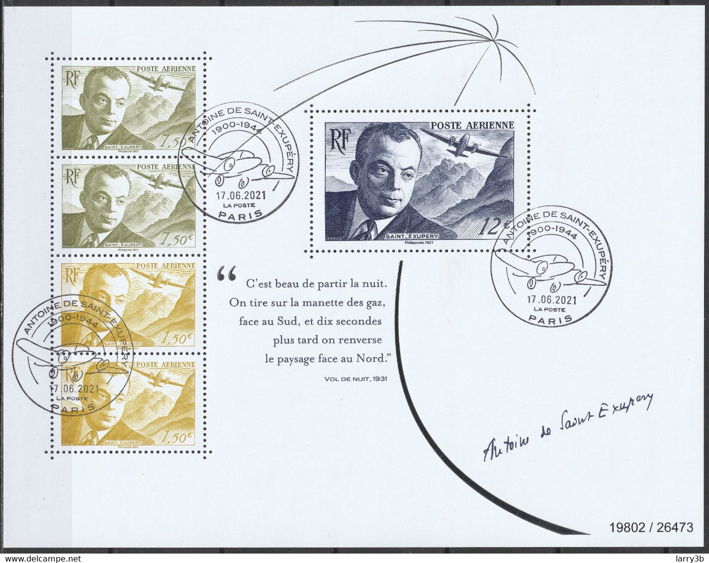 2eme TIRAGE - 2021 - OBLITERE 1er Jour 17.06.21 -BLOC FEUILLET EMISSION SPECIALE "ANTOINE DE SAINT EXUPERY" - Y/T F89 - - Used Stamps