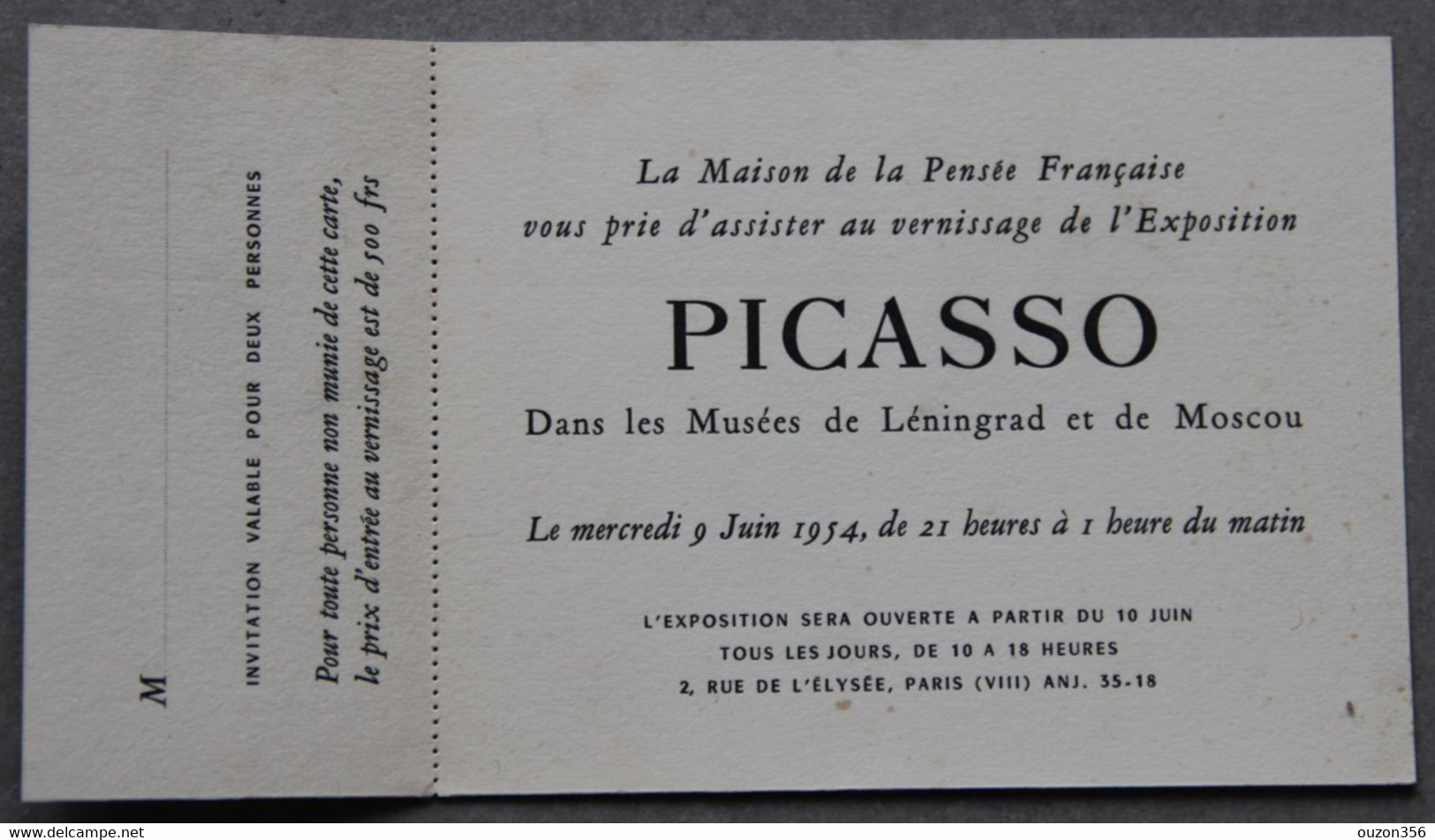 Exposition Picasso, Maison De La Pensée Française, 1954, Invitation Au Vernissage - Collections