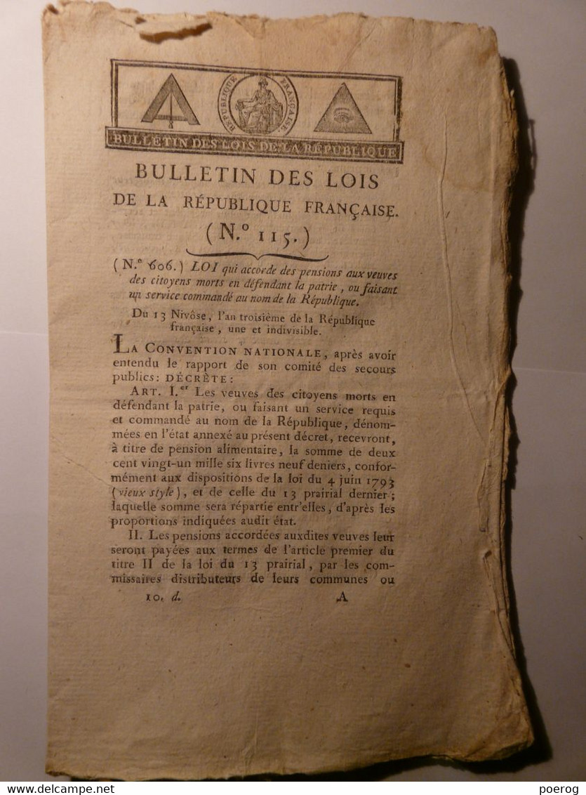 BULLETIN DES LOIS  1795 - CALENDRIER REPUBLICAIN- TRIBUNAL MILITAIRE - INDEMNITES FONCTIONNAIRES - ARMEE SAMBRE ET MEUSE - Wetten & Decreten