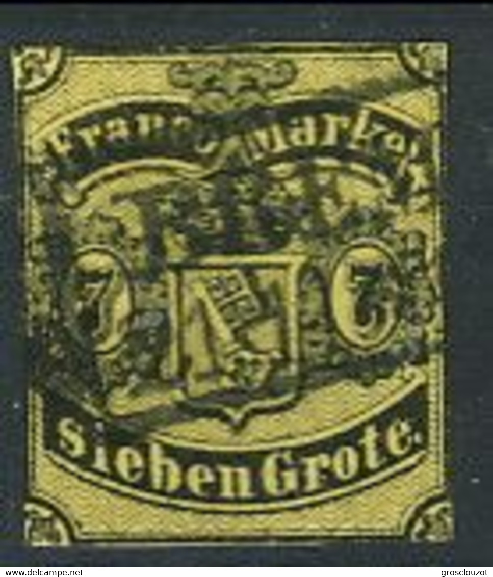Germani, Brema, 1860, Michel N. 3 - 7Gr Nero Su Giallo, Usato, Cat. € 1800, Firmato + Timbro Garanzia - Brême