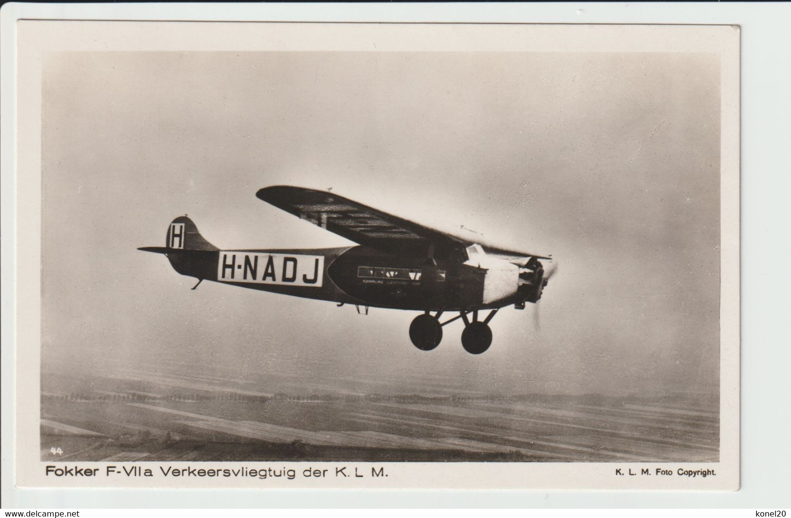 Vintage Rppc KLM K.L.M. Fokker F-7A Aircraft Registration H-NADJ - 1919-1938: Entre Guerres