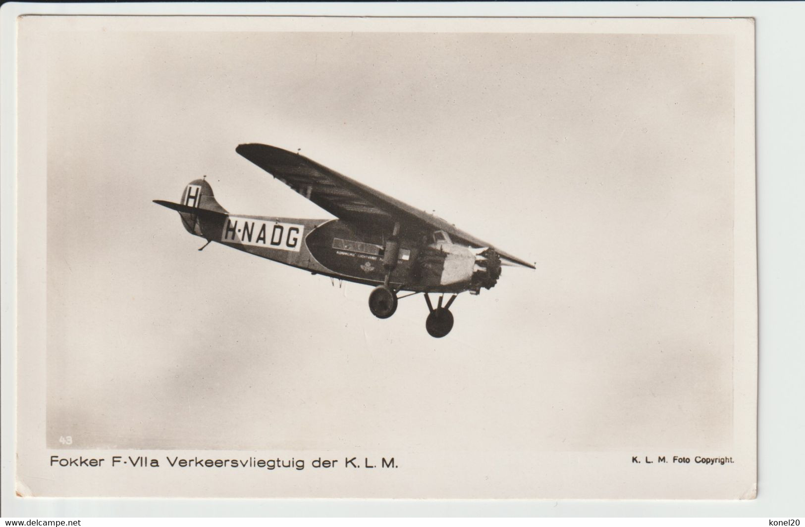 Vintage Rppc KLM K.L.M. Fokker F-7A Aircraft Registration H-NADG - 1919-1938: Entre Guerres