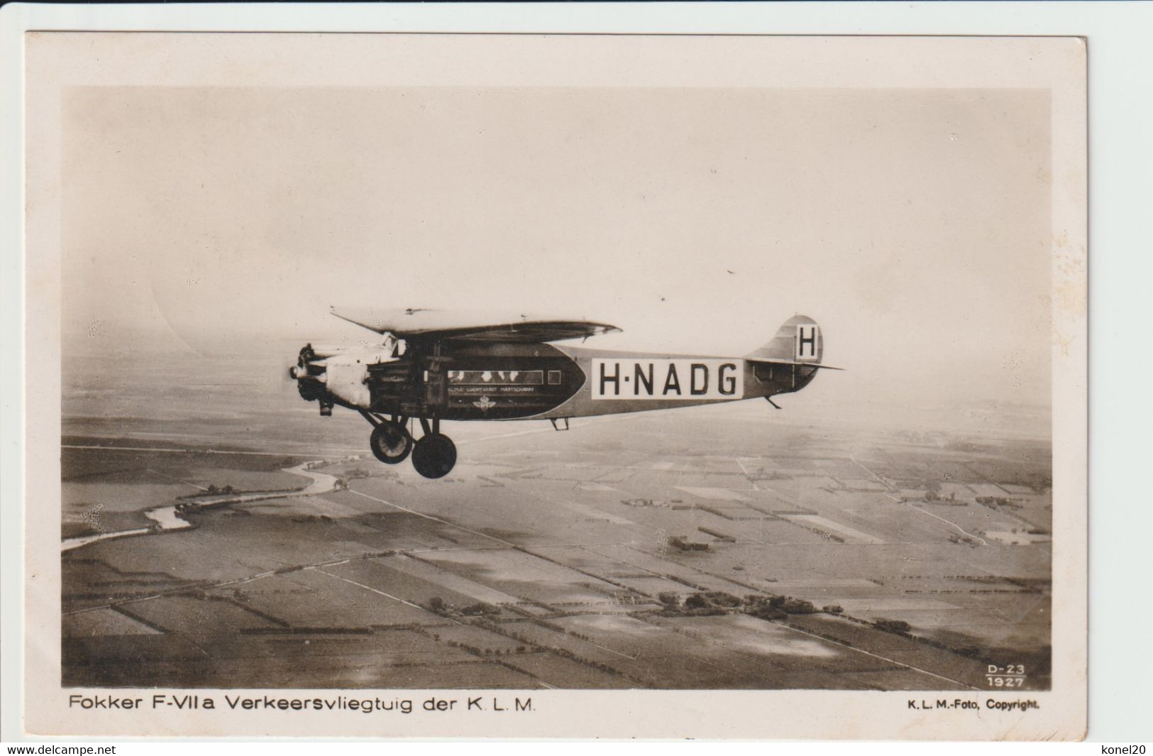 Vintage Rppc KLM K.L.M. Fokker F-7A Aircraft Registration H-NADG - 1919-1938: Entre Guerres