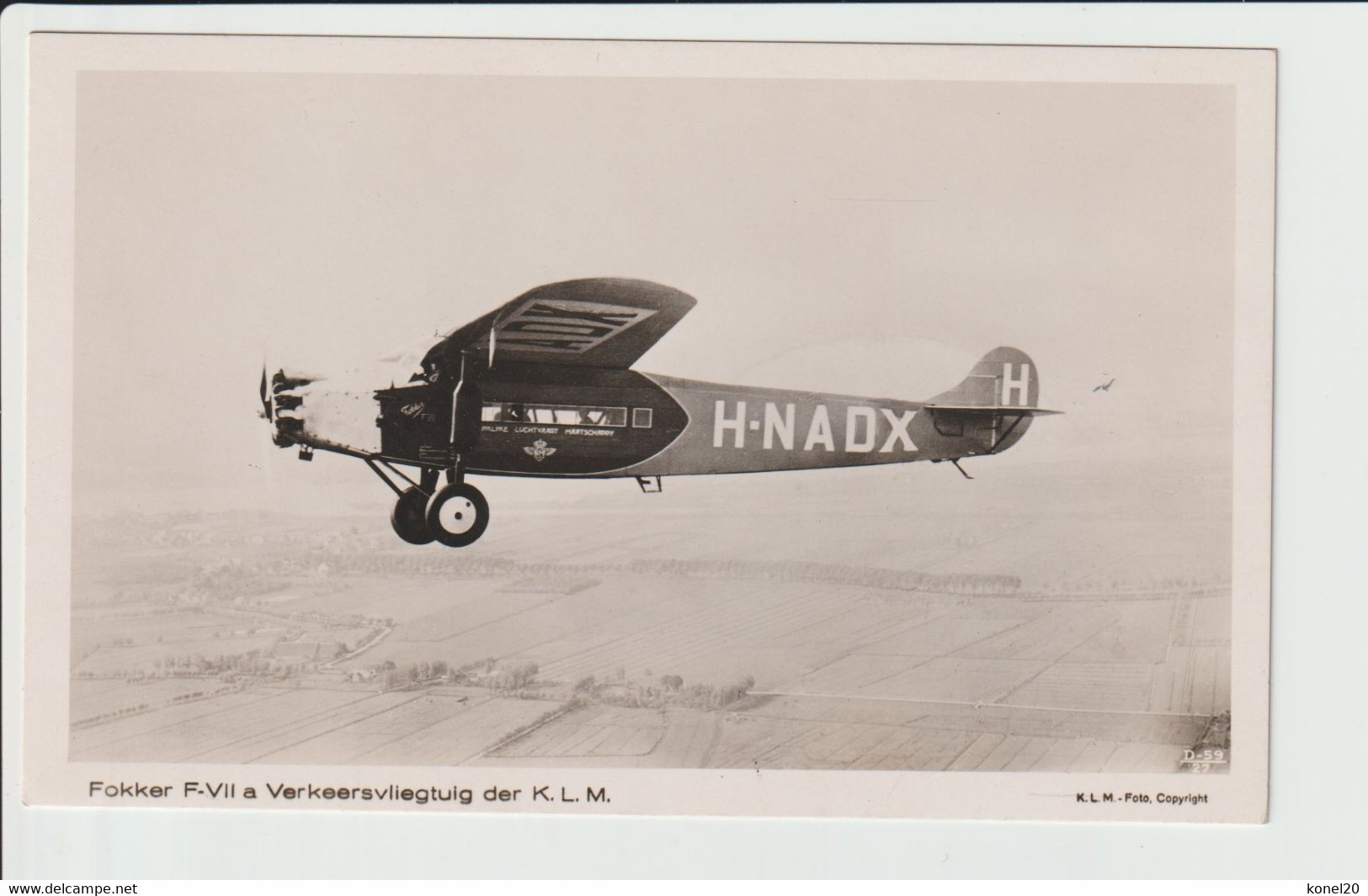 Vintage Rppc KLM K.L.M. Fokker F-7A Aircraft Registration H-NADX - 1919-1938: Entre Guerres