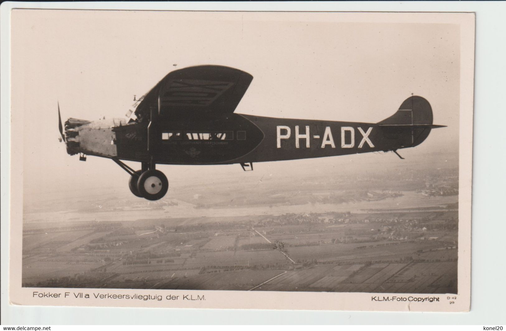 Vintage Rppc KLM K.L.M. Fokker F-7A Aircraft Registration H-NADX - 1919-1938: Entre Guerres