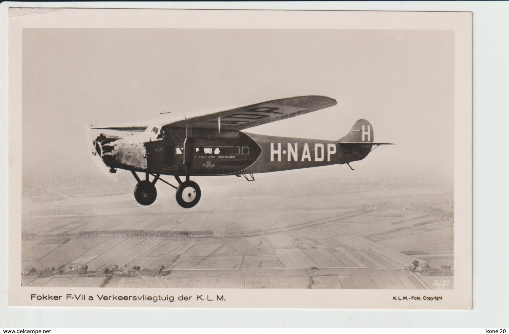 Vintage Rppc KLM K.L.M. Fokker F-7A Aircraft Registration H-NADP - 1919-1938: Entre Guerres