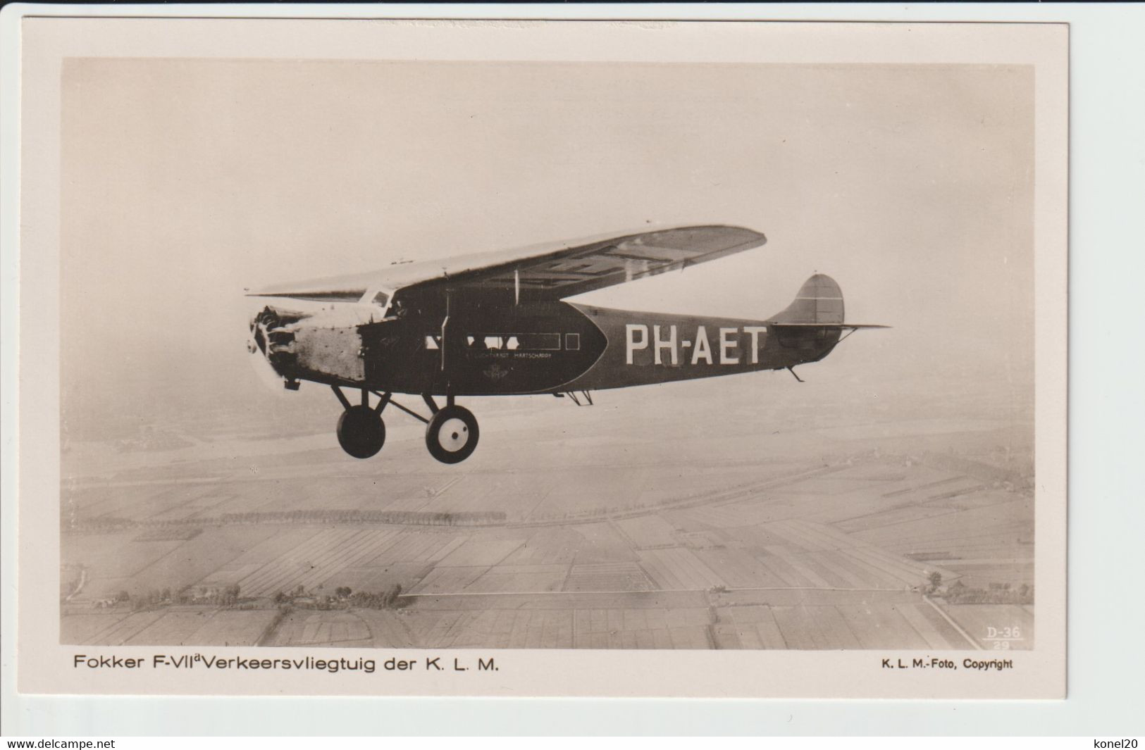 Vintage Rppc KLM K.L.M. Fokker F-7A Aircraft Registration PH-AET - 1919-1938: Entre Guerres