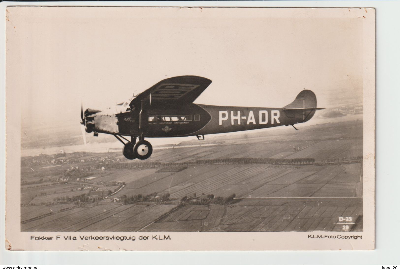 Vintage Rppc KLM K.L.M. Fokker F-7A Aircraft Registration PH-ADR - 1919-1938: Entre Guerres