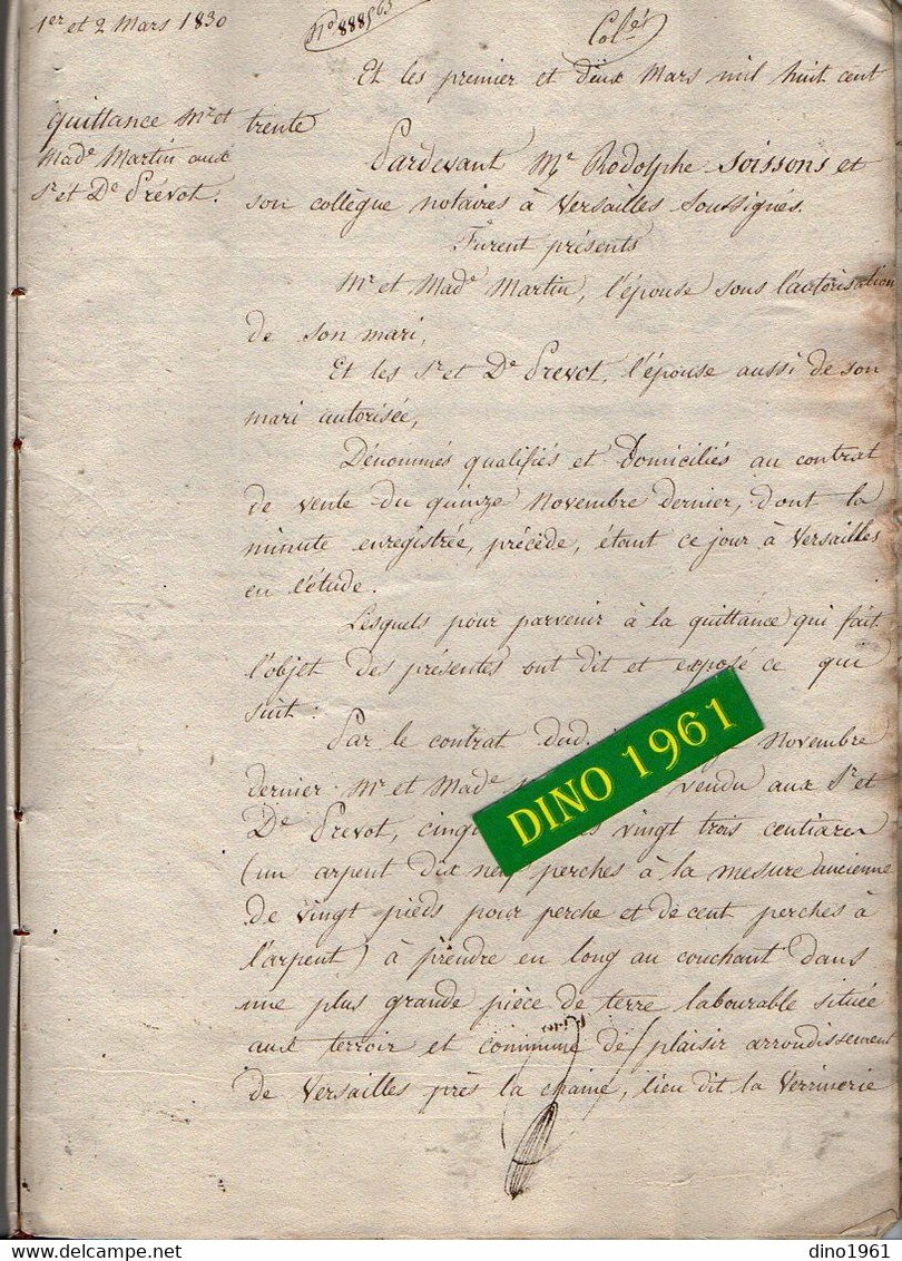 VP18.673 - VERSAILLES - Acte de 1831 - Entre Mrs MARTIN ancien Fabricant de Bas à PARIS & PREVOT Cultivateur à PLAISIR