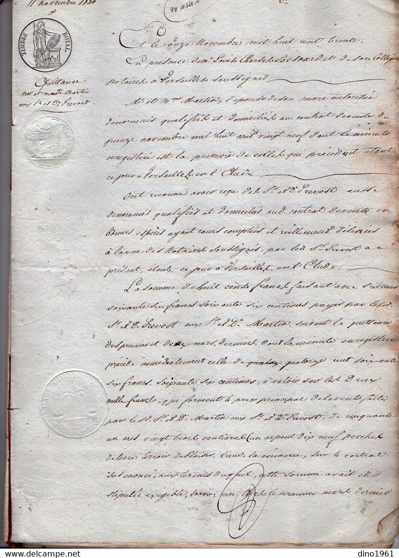 VP18.673 - VERSAILLES - Acte de 1831 - Entre Mrs MARTIN ancien Fabricant de Bas à PARIS & PREVOT Cultivateur à PLAISIR