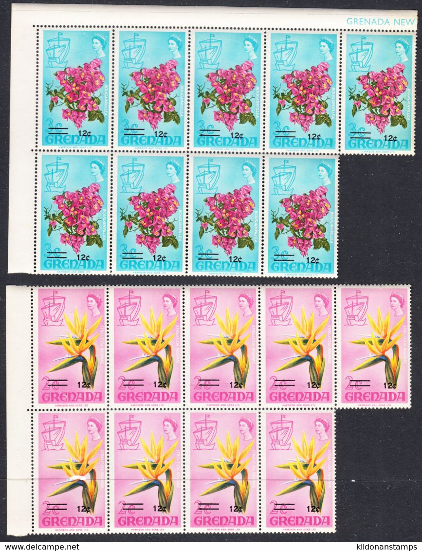 Grenada 1972 Surcharges, Mint No Hinge, Blocks Of 9, Sc# ,SG 497-500 - Grenade (...-1974)