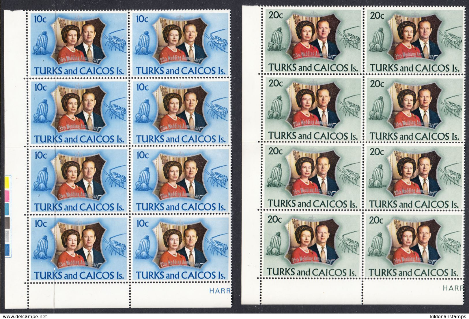 Turks And Caicos 1972 25th Silver Wedding Anniv., Mint No Hinge, Blocks Of 8, Sc# ,SG - Turks- En Caicoseilanden