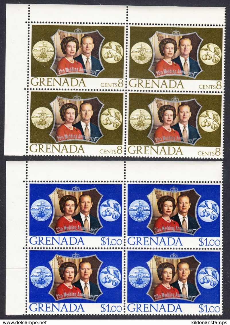 Grenada 1972 25th Silver Wedding Anniv., Mint No Hinge, Blocks Of 4, Sc# ,SG - Grenada (...-1974)