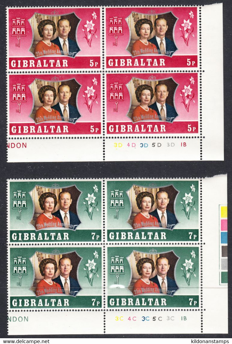 Gibraltar 1972 25th Silver Wedding Anniv., Mint No Hinge, Blocks Of 4, Sc# ,SG - Gibilterra