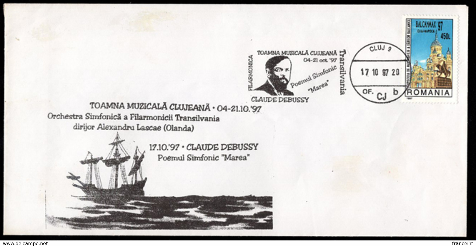 ROMANIA(1997) Debussy. Illustrated Cancel On Envelope With Thematic Cachet. Symphonic Poem "La Mer." - Marcofilia