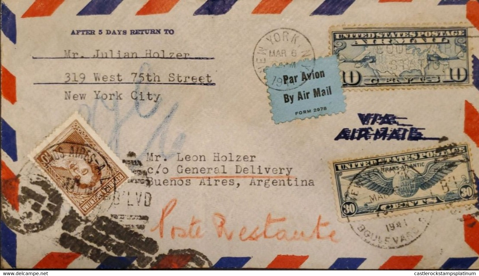 P) 1941 UNITED STATES, SHIPPER FROM NEW YORK TO BUENOS AIRES, MIX FRAKING, AIRMAIL-TRANS ATLANTIC-RIVADAVIA STAMPS, XF - Autres & Non Classés