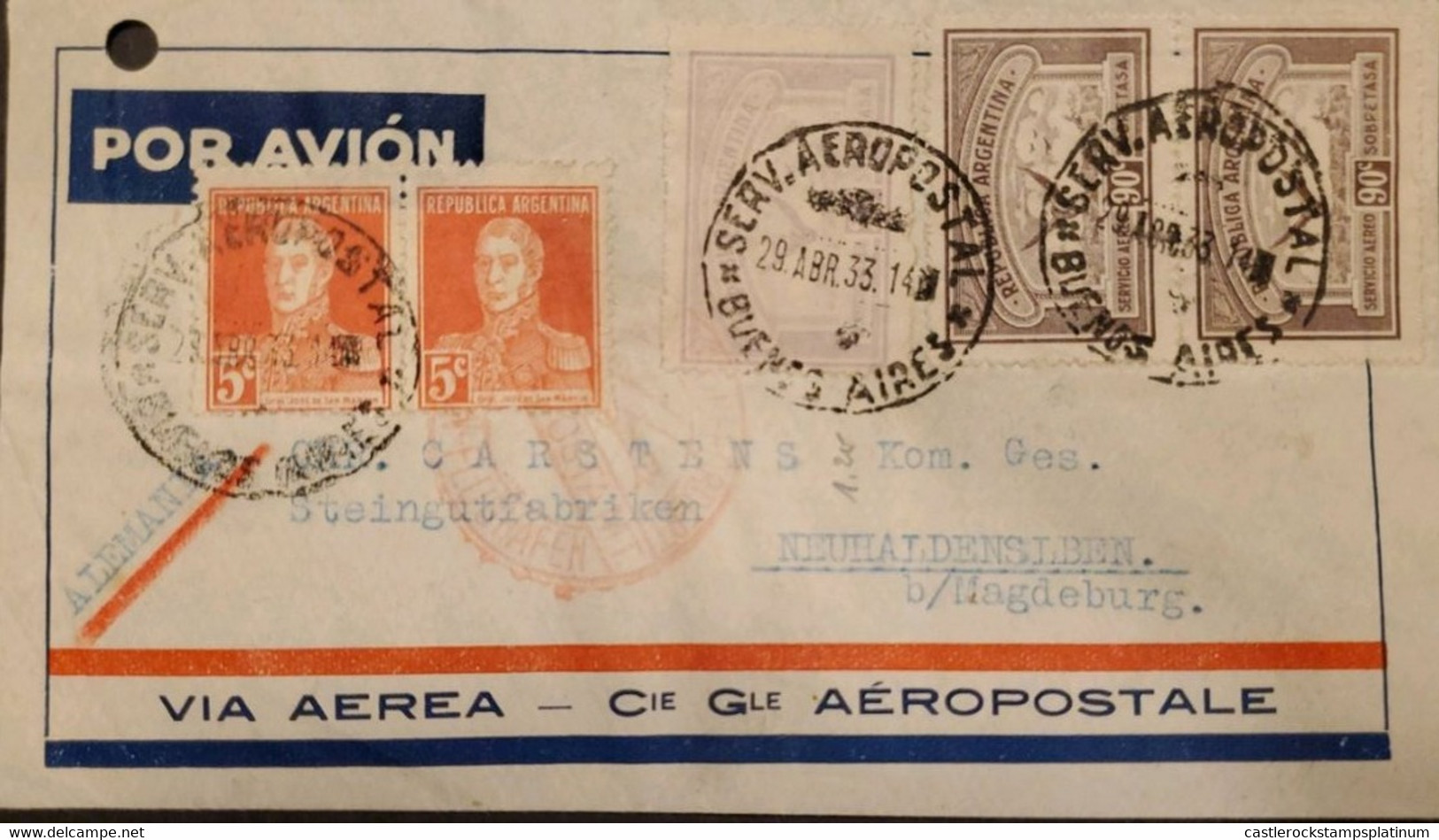 P) 1933 ARGENTINA, FIRST FLIGHT SHIPPER TO GERMANY, AIRMAIL SURCHARGE-GENERAL MARTÍN STAMPS, XF - Other & Unclassified