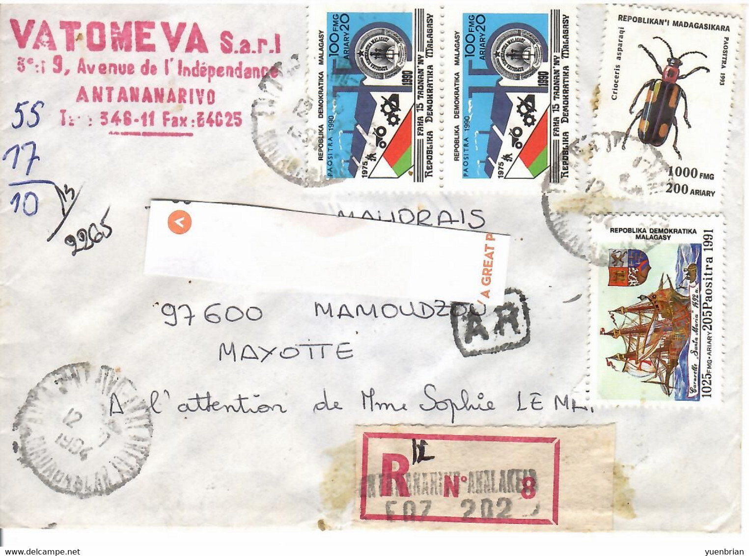 Madagascar 1994 Bird, Birds, Insect, Circulated Cover - Hirondelles