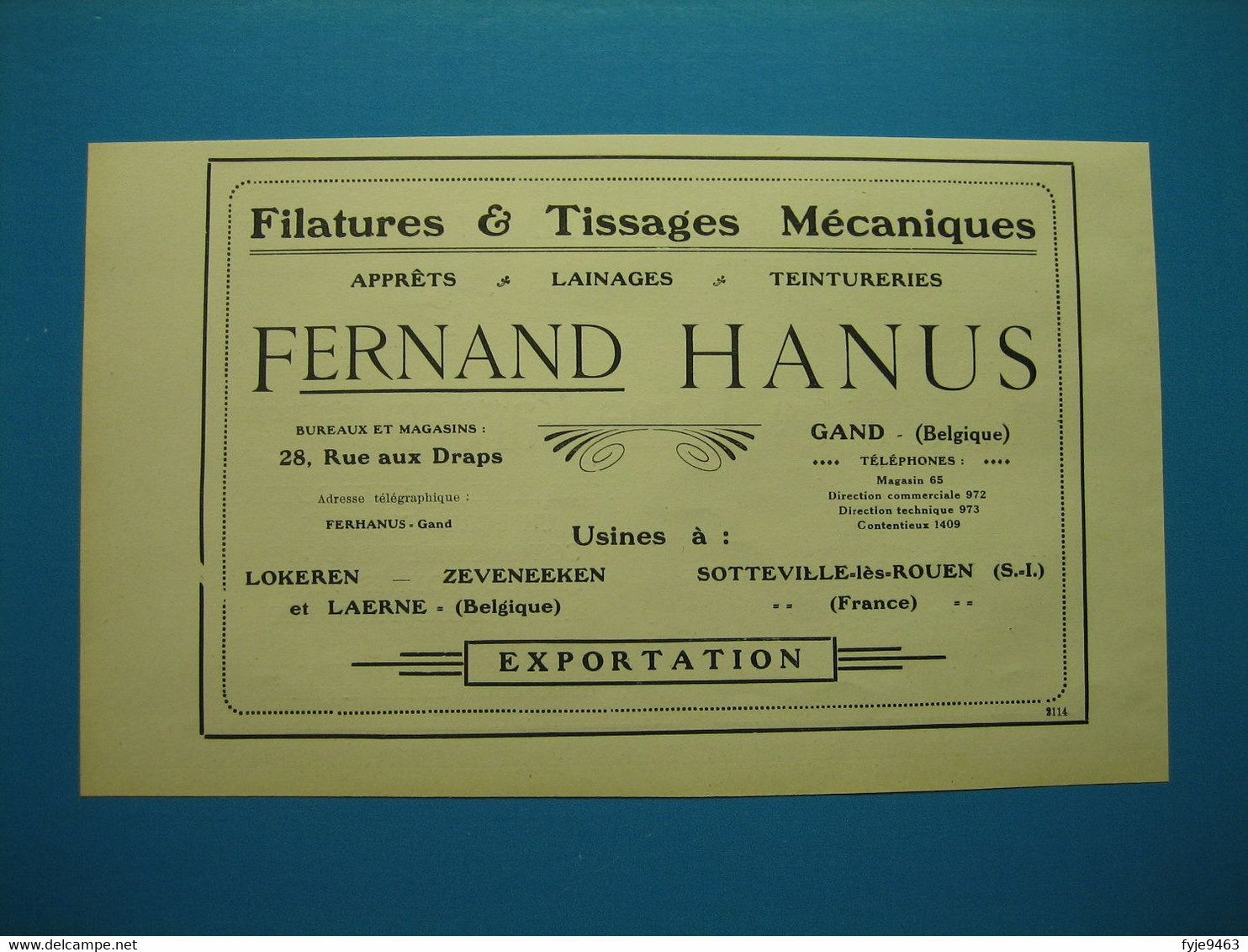 (1921) Filatures En Belgique : CHAPUIS à Hodimont-lez-Verviers Et Bellevaux -- Fernand HANUS, Rue Aux Draps à Gand - Publicités