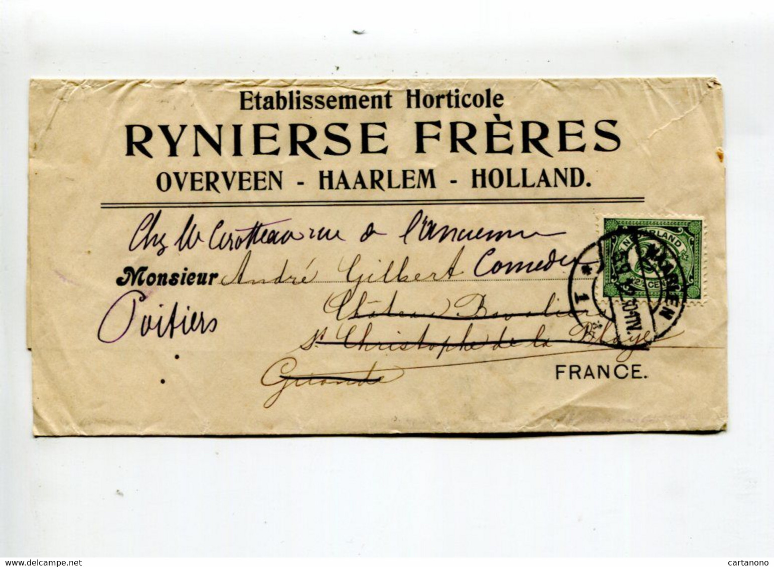 PAYS BAS Haarlem 1912 - Affr. Sur Bande Pour Journaux Etablissement Horticole Pour La France (Poitiers) - Postal History